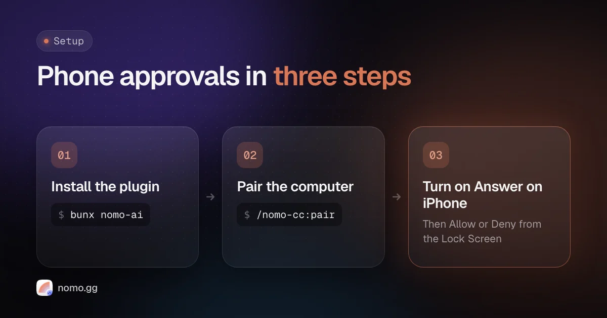 Phone approvals in three steps: install the plugin with bunx nomo-ai, pair with /nomo-cc:pair, then turn on Answer on iPhone