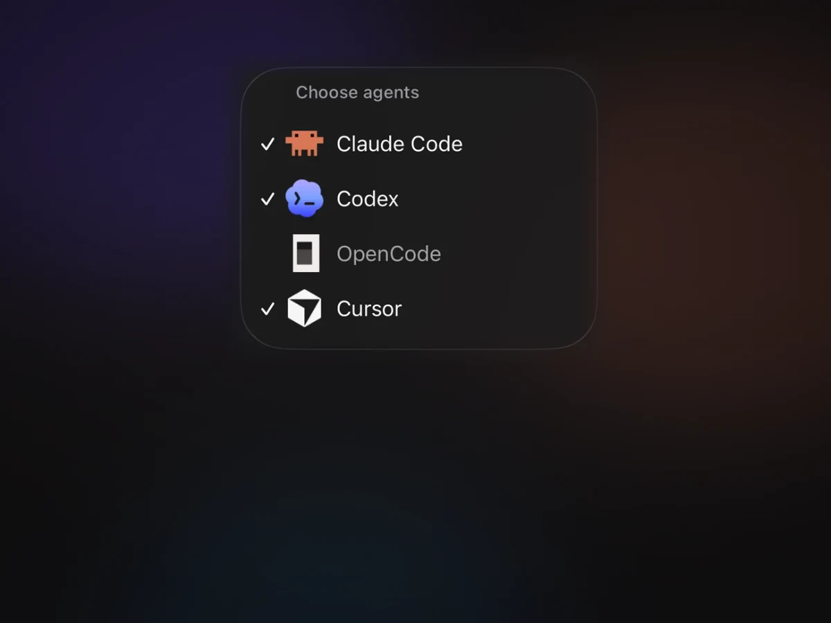 Nomo 的“选择智能体”菜单，列出 Claude Code、Codex、OpenCode 和 Cursor