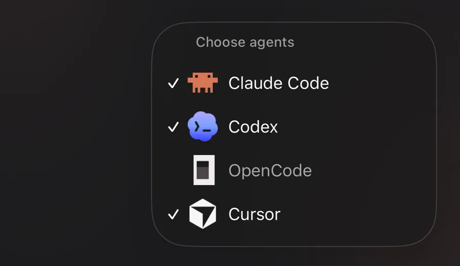 Nomo 的“选择智能体”菜单，列出 Claude Code、Codex、OpenCode 和 Cursor
