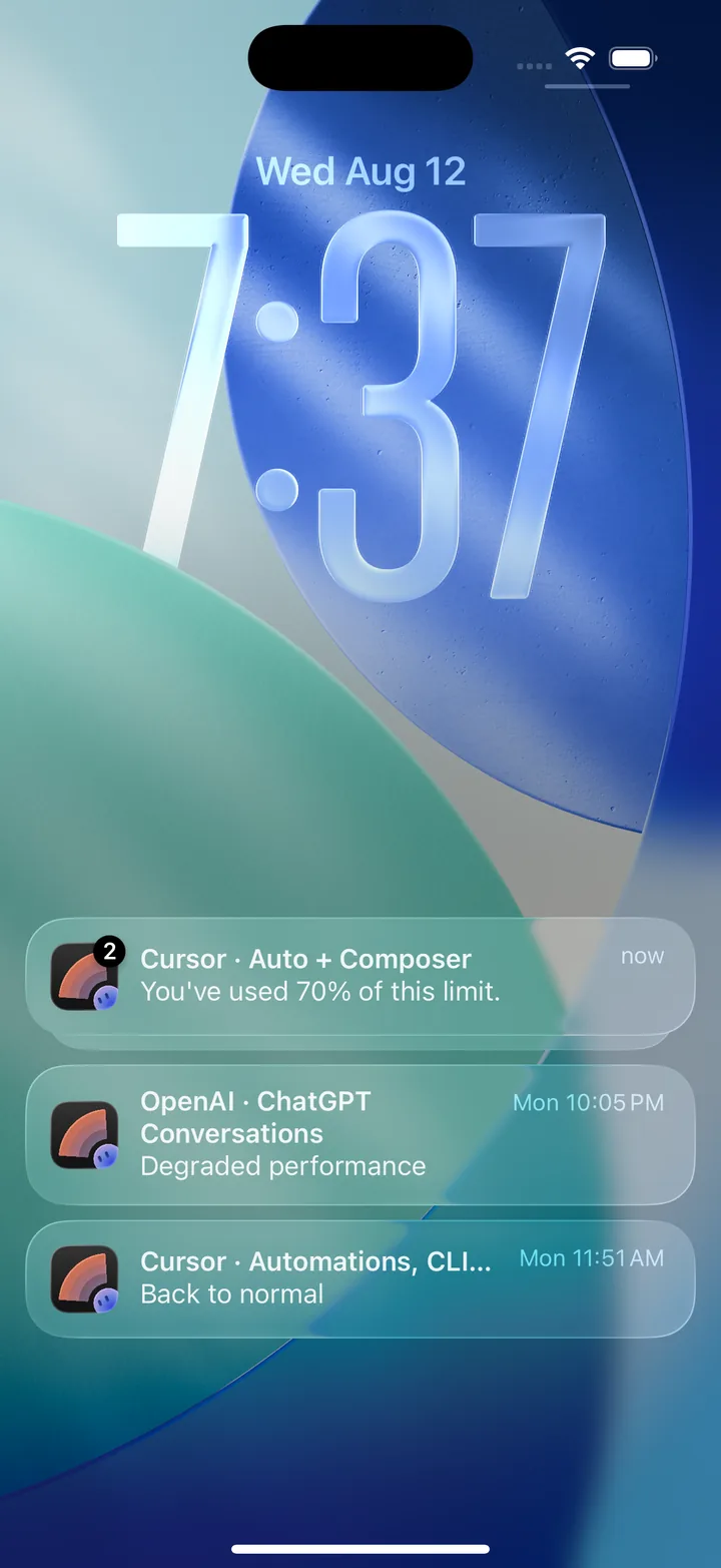 锁定屏幕上的 Nomo 通知，关于 Cursor 用量和 OpenAI 状态